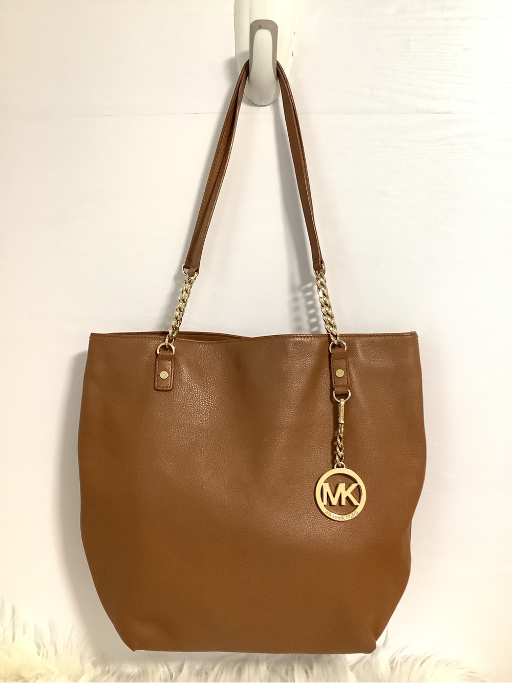 Michael Kors Brown Leather Tote with Gold MK Charm
